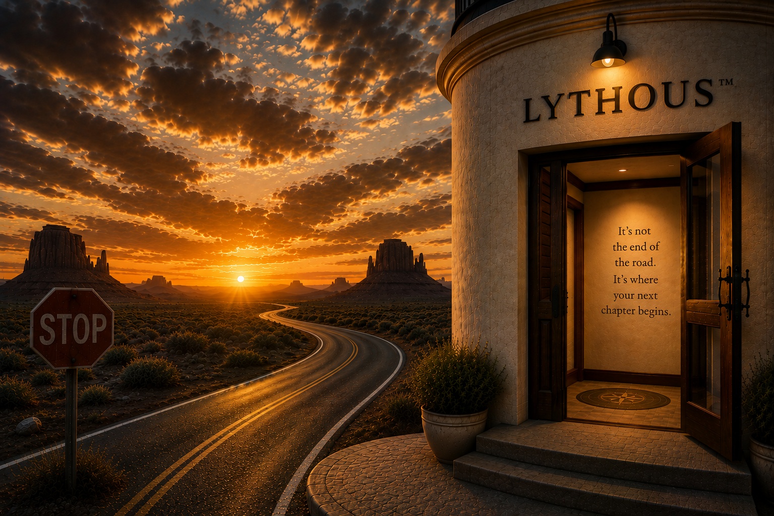 A Lythous entrance at a desert crossroads at sunset.
