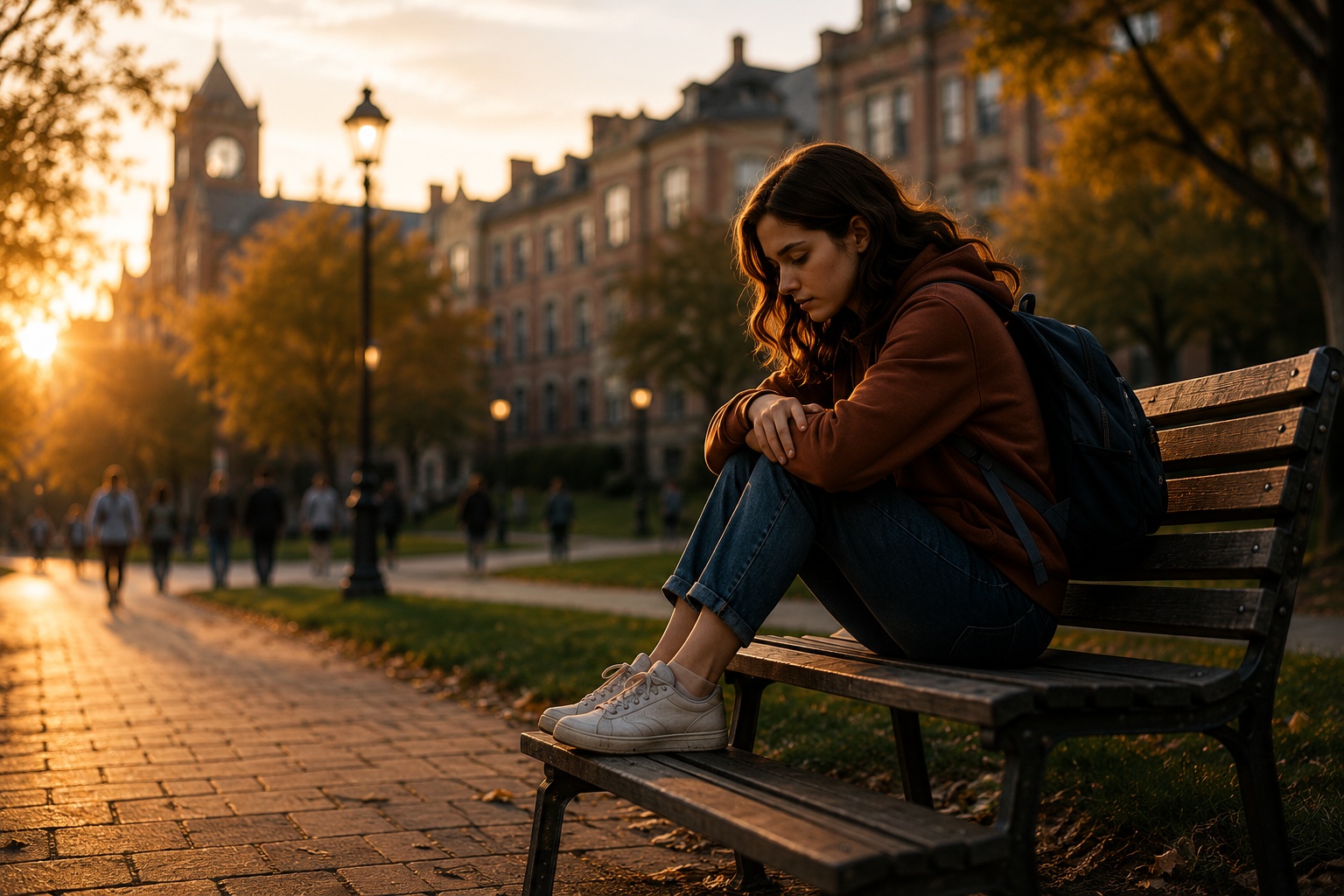 A person sitting alone on a campus bench at sunset.