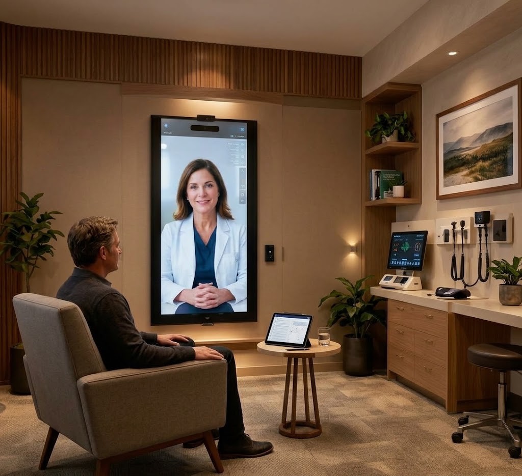 A person sits in a comfortable chair in the Lythous Connected Clinical Room, speaking with a clinician on a life-size vertical display.