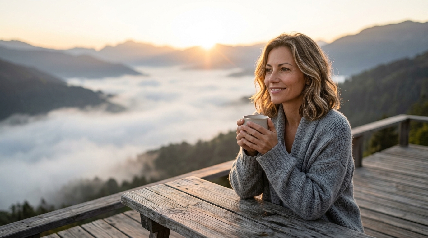 Mary smiling, holding a warm mug with both hands, overlooking a sunrise.