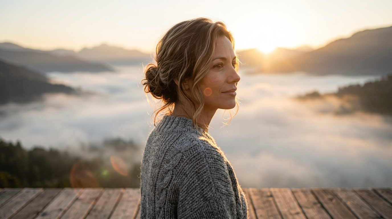 Mary looking out over a misty valley at sunrise, lost in thought.