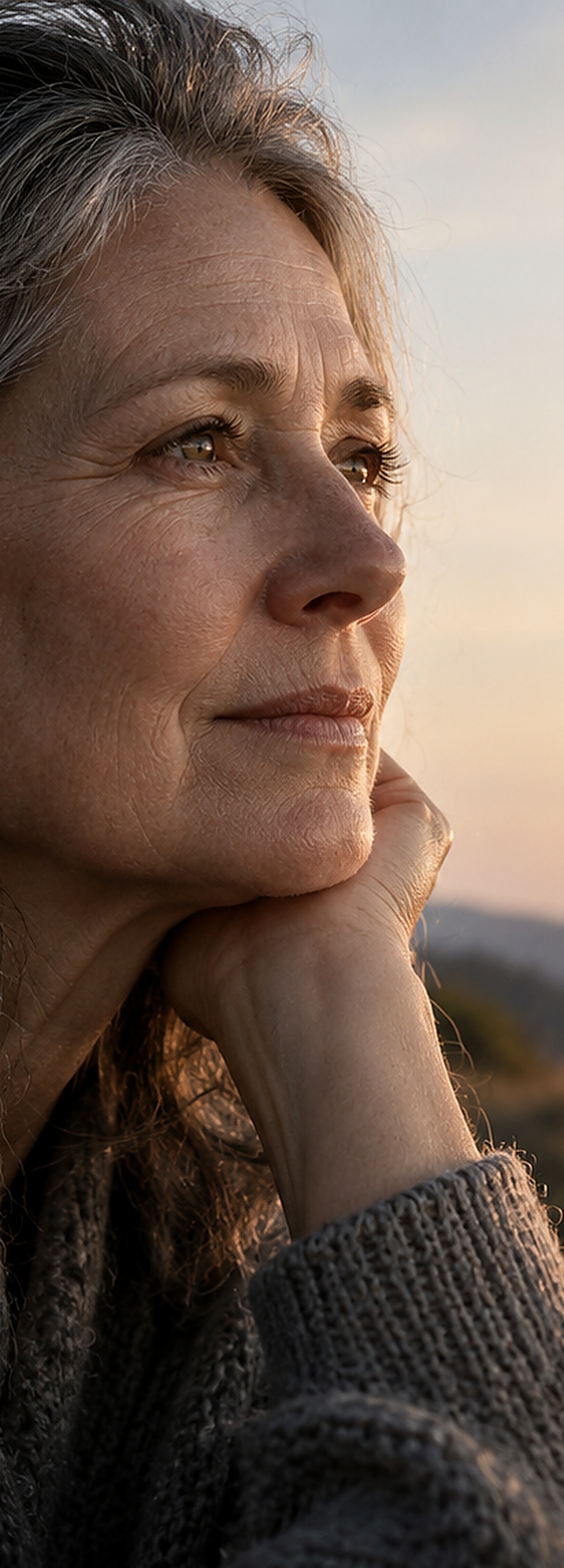 A woman resting her chin on her hands, looking out at a sunset over the hills.